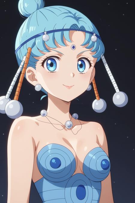 1girl, pallapalla \(sailor moon\), bishoujo senshi sailor moon crystal, blue eyes, blue hair, short hair,single hair bun, pallaout, jewelry, necklace, blue leotard, bare shoulders, cleavage,  earrings, forehead jewel, sailor senshi uniform, aqua skirt, white gloves, earrings, circlet, blue bow, blue skirt, elbow gloves, blue sailor collar, blue choker,  anime coloring, anime screencap, 