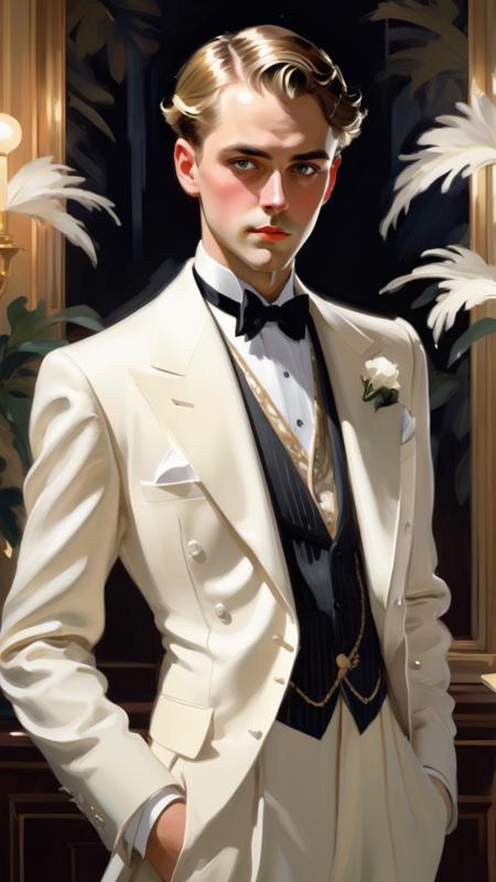 Craft an 8K resolution anime illustration, deeply inspired by the artistic elegance of John Singer Sargent. The subject is a man, styled in a manner evocative of the iconic Gatsby. This illustration should blend the nuanced brushwork and rich color palette characteristic of Sargent's style with the distinct, expressive features and vibrant aesthetics of anime art.
The man, exuding the charm and sophistication of Gatsby, should be portrayed with a subtle complexity, capturing the essence of Sargent's ability to convey character and emotion through facial expressions and posture. Pay special attention to the attire, reflecting the lavish, yet tastefully elegant fashion of the Roaring Twenties, infused with a modern anime twist.
The background should mirror the opulence and grandeur typical of a Gatsby-esque setting, perhaps a lavish party or a luxurious estate, rendered with Sargent's keen eye for detail and light. Yet, it should also incorporate the exaggerated and dynamic elements of anime, creating a unique fusion that celebrates both artistic styles.
The overall composition should be a masterclass in visual storytelling, with each element from the character's expression to the surroundings contributing to a narrative that's rich in detail and steeped in an ambiance that is both nostalgically classic and refreshingly contemporary.