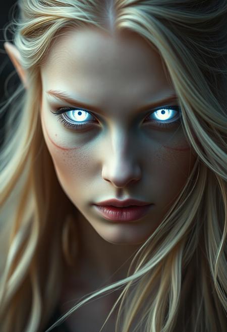 cinematic film still close up of a face, Envision a hyper-realistic image of an enigmatic female elven light mage, supremely powerful, clear beautiful porcelain skin, unblemished skin,  ,  her eyes twin white supernovae, White flames consumed her irises, . she is a living conduit of magic   Her long flowing hair blonde as dawn . the winds of magic form behind her, expression of pure rage
. shallow depth of field, vignette, highly detailed, high budget, bokeh, cinemascope, moody, epic, gorgeous, film grain, grainy