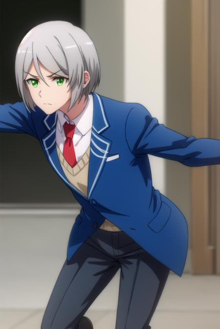 broodlevkaiser, <lora:brood lev kaiser s2-lora-nochekaiser:1>,
brood lev kaiser, (green eyes:1.3), grey hair, male focus,
BREAK school uniform, jacket, necktie, pants, formal, suit, blue jacket, red necktie,
BREAK indoors, classroom,
BREAK looking at viewer,
BREAK <lyco:GoodHands-beta2:1>, (masterpiece:1.2), best quality, high resolution, unity 8k wallpaper, (illustration:0.8), (beautiful detailed eyes:1.6), extremely detailed face, perfect lighting, extremely detailed CG, (perfect hands, perfect anatomy),