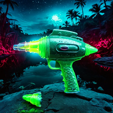 HDR double exposure Vintage Toy Raygun, silhouette reflective neon glowing electronic plastic superimposed over underwater alien fantasy world landscape on mirror, cinematic lighting, ultra high quality resolution, 8k, fisheye lens <lora:Vintage_Toy_Raygun:1> <lora:Vintage_Street_Photo:0.1> <lora:iris-xl:0.8>