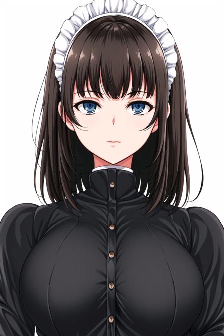 Simple White Background,
black shirt,puffy sleeves, long sleeves, Closed_clothes, 
<lora:Rurikawa_Tsubaki_MaidEducation-KK77-V1:0.7>,maid,
brown hair,blue eyes,Bangs,Short hair, maid headdress,  
<lora:Oda_Non_Style-KK77-V2:0.3>,<lora:more_details:0.3>,
1 girl, 20yo,Young female,Beautiful Finger,Beautiful long legs,Beautiful body,
Beautiful Nose,Beautiful character design, perfect eyes, perfect face,expressive eyes,perfect balance,
looking at viewer,(Focus on her face),closed mouth, (innocent_big_eyes:1.0),(Light_Smile:0.3),
official art,extremely detailed CG unity 8k wallpaper, perfect lighting,Colorful, Bright_Front_face_Lighting,White skin,
(masterpiece:1.0),(best_quality:1.0), ultra high res,4K,ultra-detailed,
photography, 8K, HDR, highres, absurdres:1.2, Kodak portra 400, film grain, blurry background, bokeh:1.2, lens flare, (vibrant_color:1.2),professional photograph,
(Beautiful,Breasts:1.0), (beautiful_face:1.5),(narrow_waist),