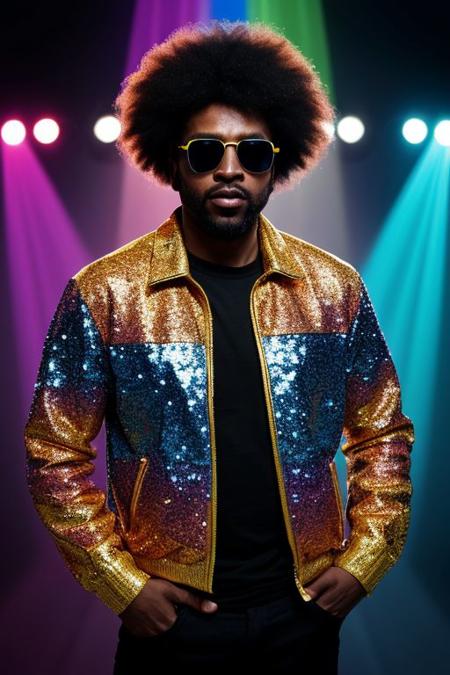 raw photo, upper body, disco, (80s, retro:1.1), dance floor, lasers, rainbow theme, a dancer man, 30 years old, sunglasses, big afro, (manly, wide jaw:1.2), dark skin, sparkly jacket, golden shirt, (vibrant colors:0.9), (muted colors, cinematic, dim colors, soothing tones:1.2