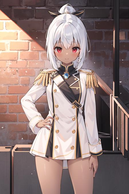 nsfw, best quality, detailed girl,  1girl,
1girl, (dark skin), (glistening skin), (epaulette:1.5), silver hair, ponytail, small breasts, red eyes,
looking down, face, teasing smile,
in the (basement:1.5),