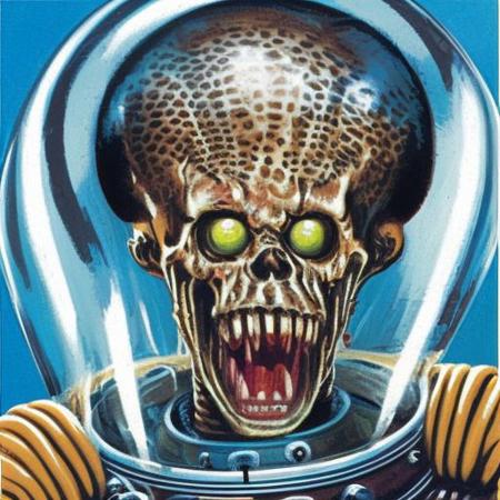 a portrait painting an alien in a clear space suit helmet  in the style marsattacks, highly detailed