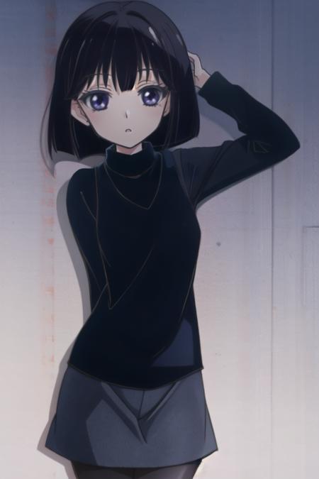  Tomoe_Hotaru,bob_cut, short_hair, black_hair, dress, Turtleneck knitwear,long_sleeves, pantyhose, black_legwear,