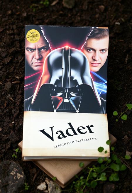 On ground Book with Jedi with Sith markings Book cover, Black text "Vader" along with text about bestseller, Cover Art is Darth Vader's broken helmet opening up, light bursting forth, In the background of the book cover, the faces of the actors from center to rear, Actor James Earl Jones in the center, flanked by actor Hayden Christensen, Sebastian Shaw. grown below the book is cracking with fire and electricity on one side and nature growing wild,