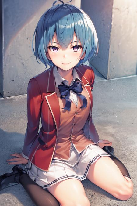 masterpiece, best quality, highres, 1girl ibuki mio short hair blue hair, white skirt red jacket open jacket <lora:ibuki_mio:1> smile, sitting, wariza, from above, looking up, arm support