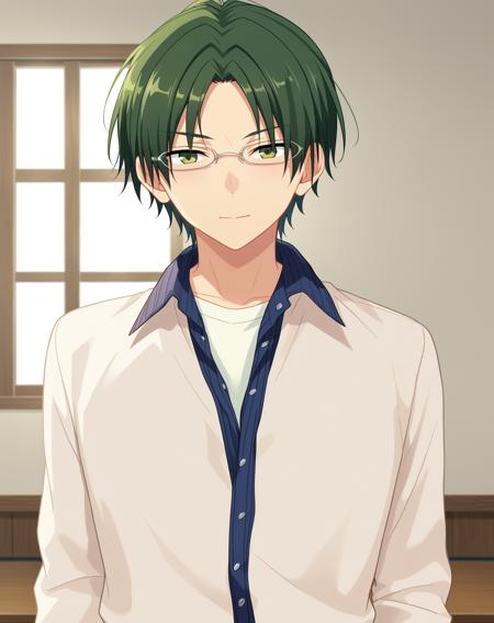 hasumi_keito_pony, green hair, green eyes, short hair, parted bangs, glasses