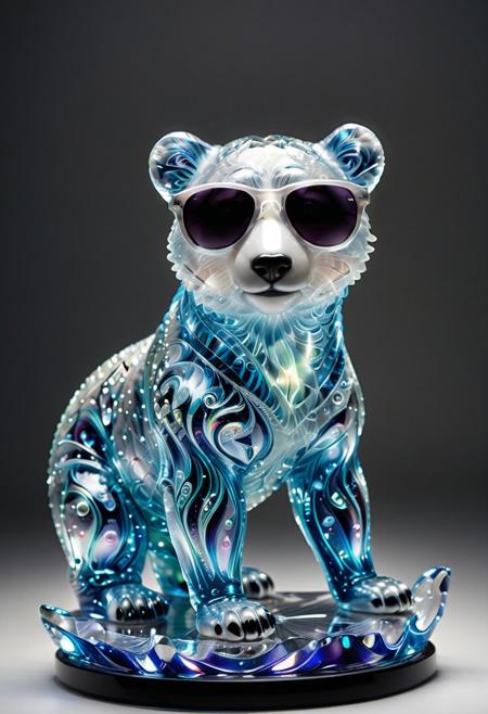 positive: murano_glass_style, photorealistic, high-quality, ultra-detailed image of (an origami polar bear wearing oversized sparkly disco sunglasses made of faceted glass with quilled glass starbursts, striking a groovy movie pose on a crystalline origami ice floe, aurora borealis pulsing like colorful disco lights above), frosted and clear glass facets reflecting lights, intricate quilled glass fur texture, sophisticated silliness, best quality, masterpiece, masterful composition, extremely detailed, 32k, 16k, 8k, 4k, UHD, HDR, hyperrealistic, tack sharp, sharp focus, volumetric lighting, cinematic style