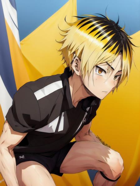 <lora:KenmaKozume:0.7> ,high res, masterpiece,Kenma Kozume, ((1boy,)) ((1man)), black_hair (blonde_hair) looking_to_the_side male_focus multicolored_hair short_hair solo sportswear sweat sweatdrop twitter_username tying_hair upper_body volleyball_uniform  yellow_eyes