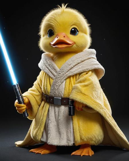 a fluffy yellow duck as a jedi,
lightsaber, robe,, (best quality, highres, masterpiece, 8k,)