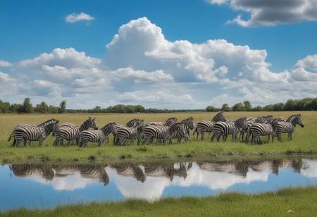 horde of zebras in a meadow by a lake, blue sky and cumulus cloud, very realistic photography