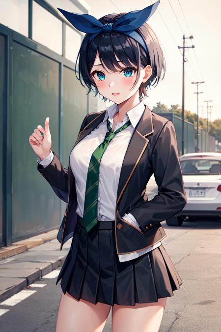 masterpiece, best quality, highres, 1girl, solo, skirt, jacket, shirt, blue eyes, white shirt, necktie, green necktie, black hair, pleated skirt, socks, diagonal-striped necktie, open jacket, open clothes, striped necktie, collared shirt, black jacket, black skirt, striped, blazer, short hair, long sleeves, bangs, school uniform, black socks, diagonal stripes, hairband, hair ribbon, ribbon, blue hairband, dress shirt, bow,  <lora:sarashina_ruka_v10:0.6>, cowboy shot