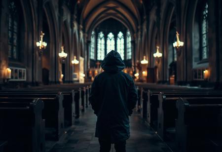 A small lone figure in a dark blue parka with the hood pulled up stands in the middle of an old cathedral dimly lit by candles, underexposed, pews line the walls of the church in the traditional layout