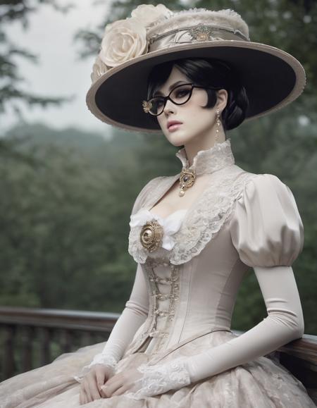 ephemeral nostalgic peaceful view of bayonetta in a victorian-style outfit, serene, quiet, gentle, soothing, fuzzy, faint, dreamlike, forgotten, memories, muted, (desaturated:0.1), ethereal, dreamlike, incorporeal, evanescent, fugacious, nonphysical, unsubstantial, nonmaterial