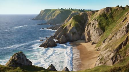 best quality, masterpiece, highers, 4k, 8k, realistic,
coast, landscape, scenery, nature, day, no_humans, outdoors, mountain, rock, , grass, field, bush, beach, sand, sky,