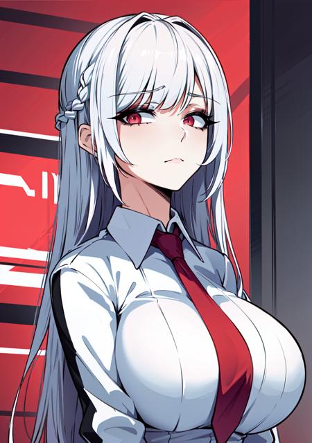 (masterpiece), best quality, lot of details, 1 girl,solo, upper body, sad, long hair, red eyes, white shirt, office lady, closed mouth, orouu, eyeshadow, large breasts, <lora:Orouu_100:0.6>, white hair,