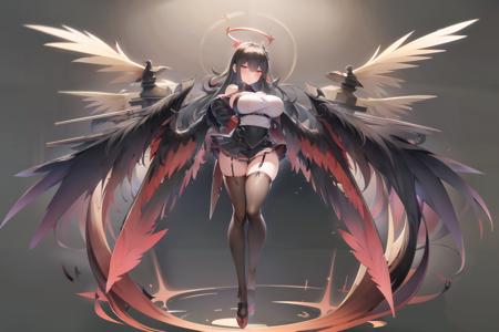 masterpiece, best quality, 1girl, black garter belt, black gloves, black hair, black serafuku, black thighhighs, black wings, blush, breasts, feathered wings, garter belt, gloves, hair between eyes, halo, large breasts, looking at viewer, mole, mole under eye, pleated skirt, red eyes, school uniform, serafuku, skirt, solo, thick thighs, thighhighs, thighs, wings, full body, standing, arms behind back, <lyco:azur_lane-30:0.8>