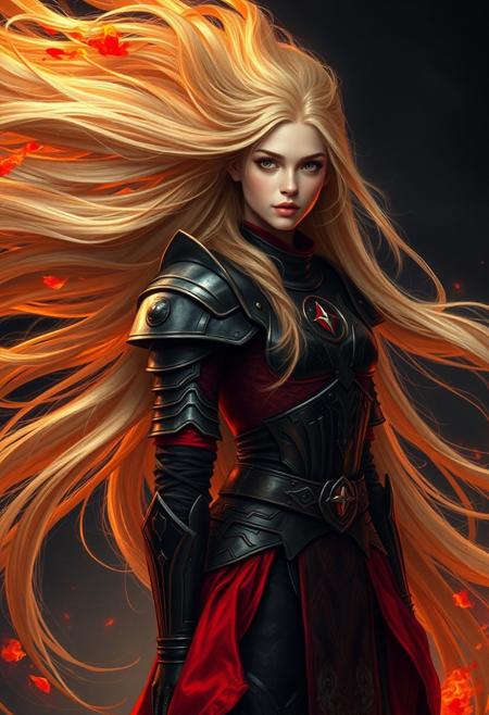 A blonde woman with long hair wearing black and red armor, flowing in the wind like flames of fire, in the style of Alex Alemany. This fantasy art style painting features high detail, high resolution, perfect details, perfect colors, a dark background, cinematic lighting, a beautiful composition, detailed, high definition, sharp focus, intricate details, hyper-realistic, super detailed, very professional, and very smooth
extremely long hair, 100-feet of hair, super long hair, real rapunzel, rapunzel, rapunzel long hair, hair fetish, hair job, Dreamgirl, Goddess, gorgeous, amazing hair, longest hair, perfect hair, longest hair ever, hairstyles, hairstyling, hair, Debra Jo hair, extreme hair, extreme long hair, extremely long hair, Debra Jo, extreme longest hair, voluminous hair, thick and luxurious hair which is hangs to the floor and covers it. Her expression radiates confidence as she shows off her thick, luscious locks. super thick soft luxurious long lush sleek heavy voluminous cascading pendulous ultra silky pendulous shampoo commercial hair dragging the ground, around her on floor, hair piles behind her on floor