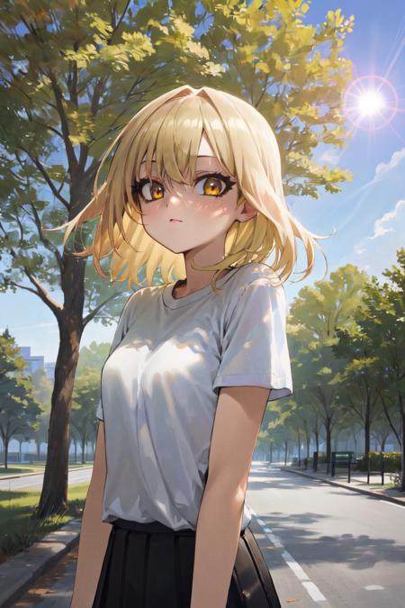 absurdres, masterpiece, highres, detailed background, 1girl, blonde hair, looking at viewer, outside, park, tree, road, lens flare <lora:alexi:0.6> <lora:LoconLoraOffsetNoise_locon0501:0>, blue t-shirt, black skirt, yellow eyes, solo, simple lineart, upper body <lora:Modare-000004:1>, eye focus