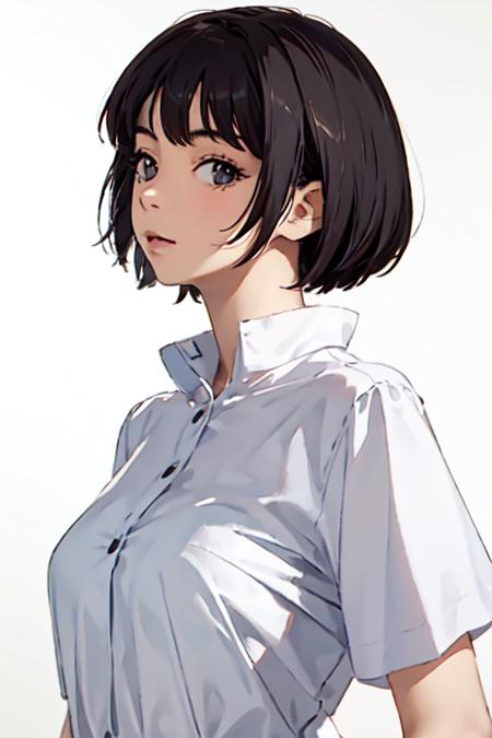 elaizaikedareal, ((masterpiece)), 1 girl, upper body, looking at viewer:1.6, (portrait:0.6), short hair, black hair, black eyes, white shirt, medium breasts, (white background),  <lora:elaizaikedalora:1>,