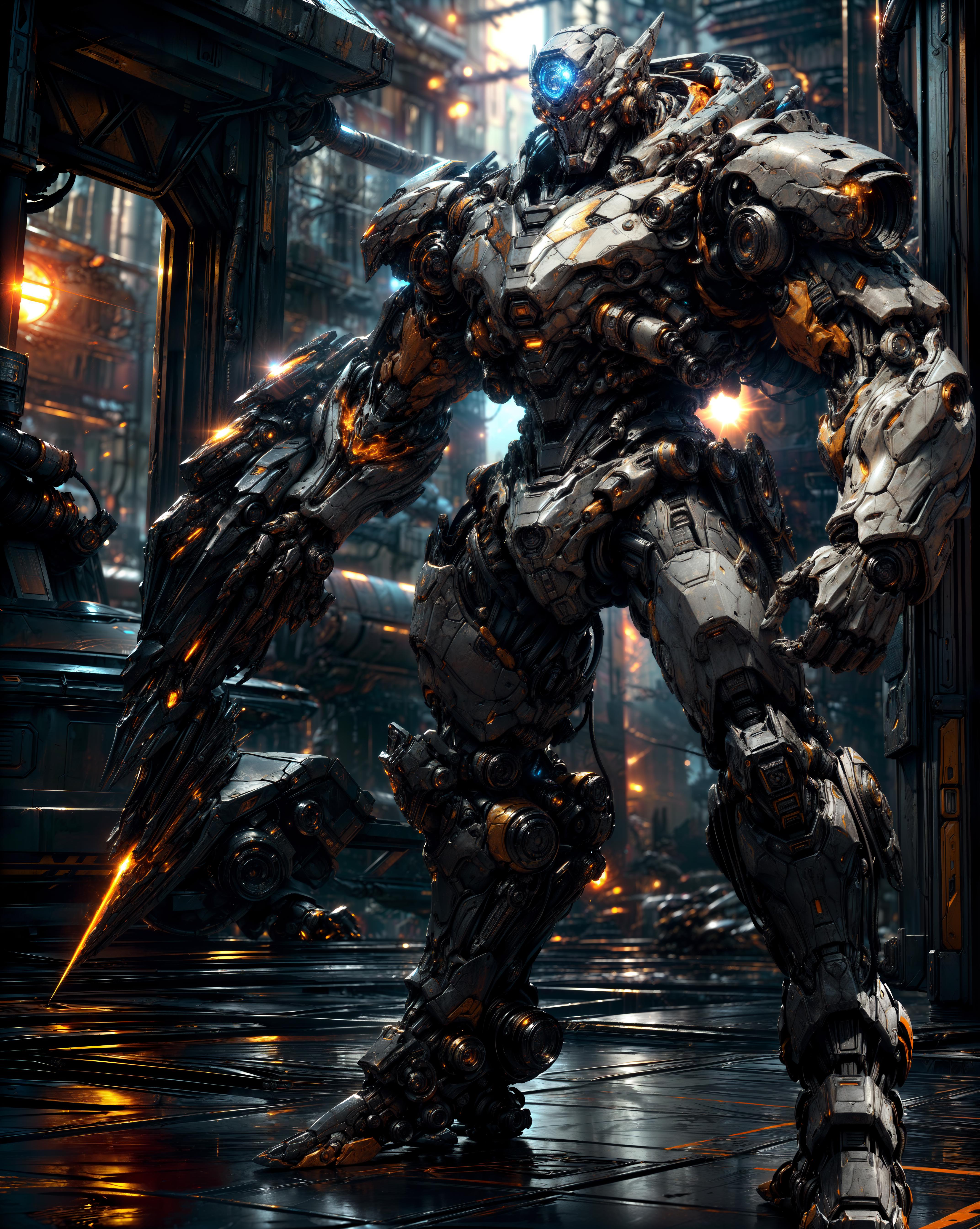 A large robot walking through a dark room with an orange glow and a sword attached to its arm.