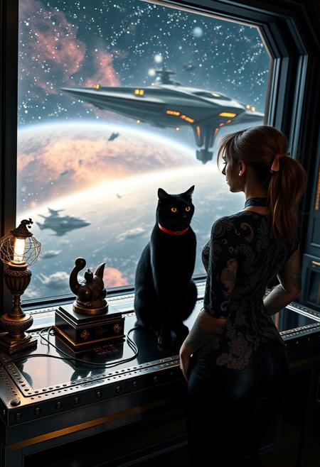 A sleek black cat with red collar sits on a cluttered metal riveted desk with transparent top and micro-LED lighted computer components visible inside, On the desk is an ebony and gold maneki neko statue and a classic ornate art deco lamp, the Black Cat is looking out of a seamless and futuristic floor to ceiling window, (((a beautiful woman, 24 years old, is standing in the foreground facing the viewer))), the scene out the window depicts nebulae and starships, the sleek black cat with red collar is sitting on the desk and looking out the window, the woman is dressed in an ornate elegant Art-Deco Chinese style top that displays her toned abdomen and tight leather pants. An enormous art deco inspired starship with futuristic lighting and an enormous space station are visible in the background among the stars, The woman's hair is elegantly tied up with a ribbon. Artistic cyberpunk, dynamic perspective, (((overall architectural aesthetic is Art Deco Cyberpunk))).  Epic image that elicits a feeling of wonder and awe, part of the interior is visible,