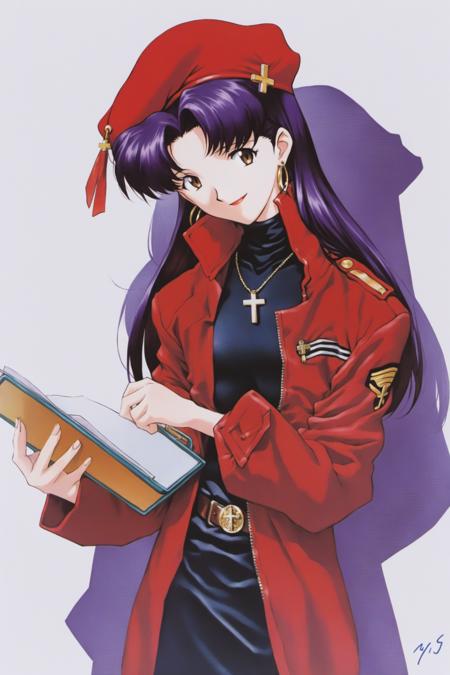 katsuragi misato, 1girl, jewelry, hat, jacket, red jacket, turtleneck, long sleeves, holding, open clothes, open jacket, long hair, smile, bangs, necklace, breasts, signature, purple hair, upper body, closed mouth, parted bangs, white background, solo, earrings, cross, stud earrings, black shirt, beret, brown eyes, uniform, red headwear, cross necklace, shadow, looking at viewer, zipper, belt, simple background, looking to the side, military, medium breasts, military uniform, light smile, small breasts, pendant, clipboard, zipper pull tab, holding book, cropped torso, silhouette, <lora:Sadamoto Yoshiyuki_XL:0.8>