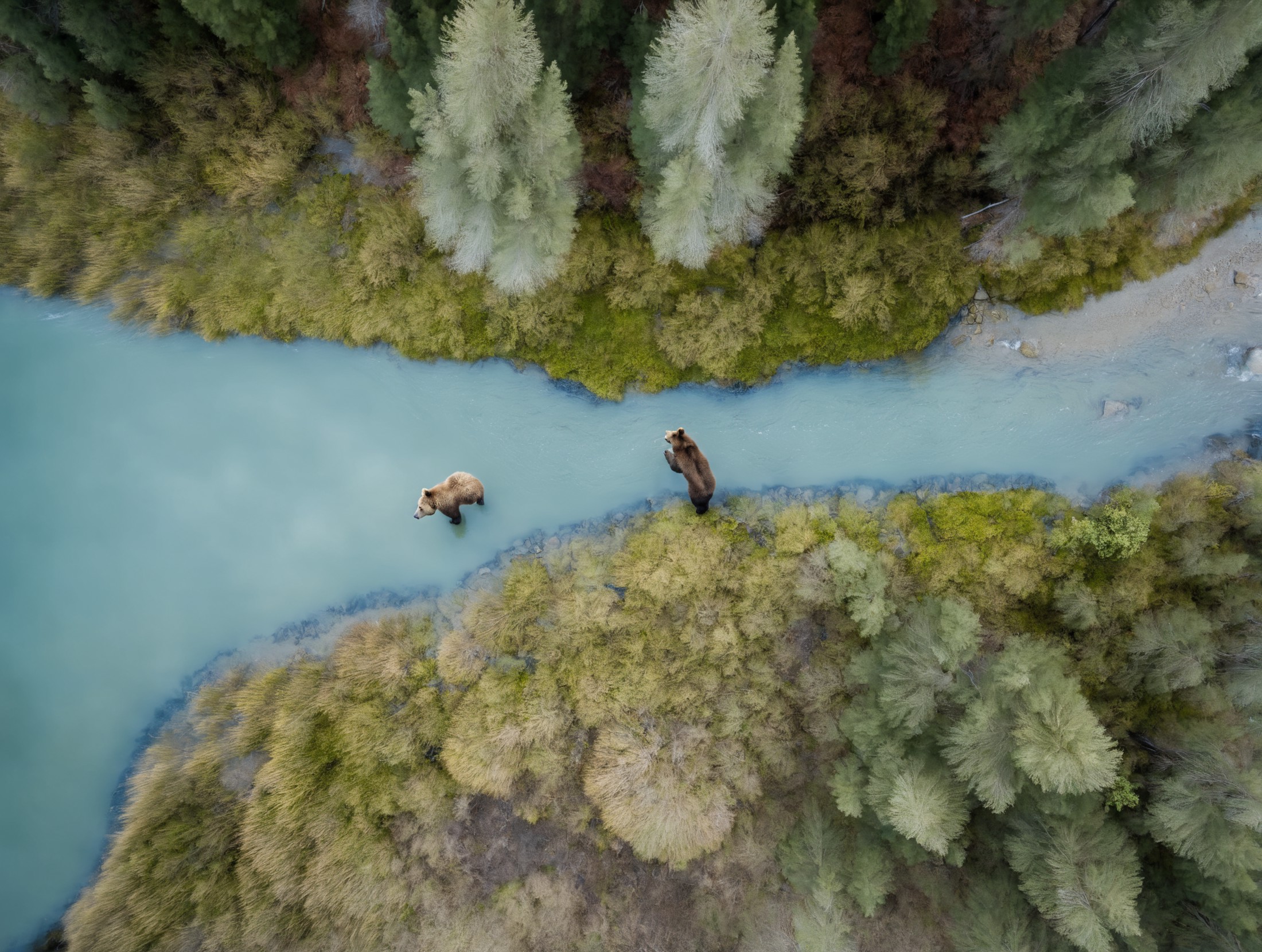 <lora:drone_photo_v1.0_XL:0.8>
a bear standing in a river in a forest