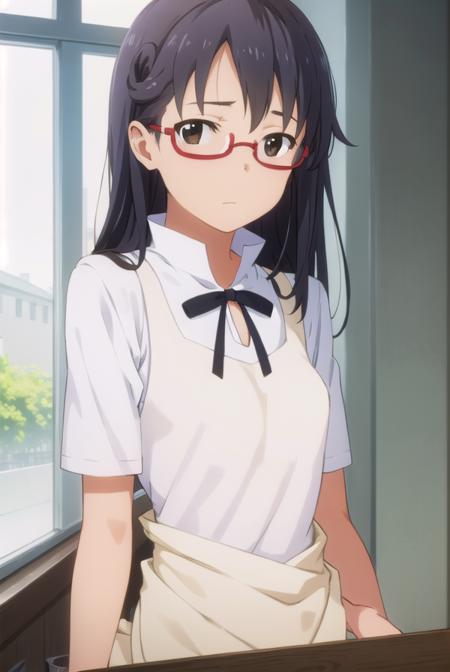 mayamatsumoto, <lora:maya matsumoto s2-lora-nochekaiser:1>,
maya matsumoto, long hair, black hair, (brown eyes:1.3), glasses, apron, semi-rimless eyewear, red-framed eyewear, under-rim eyewear,
BREAK apron, waitress,
BREAK indoors, restaurant,
BREAK looking at viewer, (cowboy shot:1.5),
BREAK <lyco:GoodHands-beta2:1>, (masterpiece:1.2), best quality, high resolution, unity 8k wallpaper, (illustration:0.8), (beautiful detailed eyes:1.6), extremely detailed face, perfect lighting, extremely detailed CG, (perfect hands, perfect anatomy),