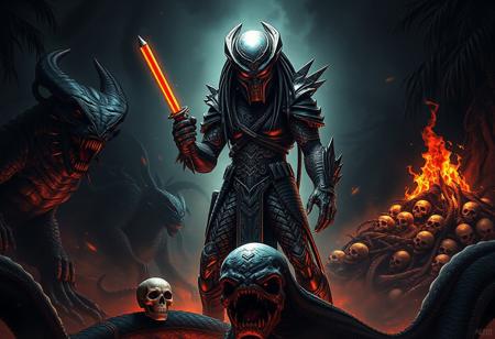 A fearsome grimdark warrior in intricate biomechanical armor inspired by Predator, stands center in a dense, shadowed alien jungle. It holds a plasma weapon and a bloody skull trophy. To the left, a looming twin-headed monster. To the right, a pile of fiery skulls. In front, a venomous serpent deity. Dramatic chiaroscuro lighting, volumetric atmosphere, central focus, Golden Ratio composition. Grimdark fantasy horror, Splash Ink Illustration, Octane Render, Unreal Engine 5. High detail, 8k UHD, trending on Artstation.