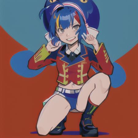 red background, yandere, bright red, bright colors, 1girl, navel exposed outfit, militar uniform, rock, squat, bow, winner gesture, (from front: 1.3), <lora:Otomachi_Una-06:1.2>, blue hair, superhero