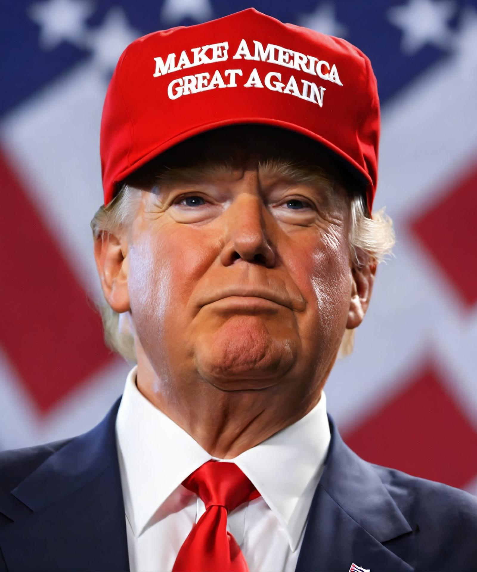 President Trump in a red Make America Great Again hat.