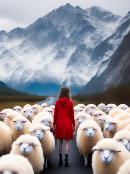 <lora:ElizabethGadd:1>A road, mountains in the distance, a girl in red surrounded by white sheep