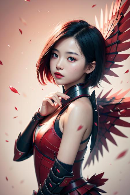 beautiful japanese young woman, wearing ninja armor, thick symmetrical features, very short hair, background is cherry blossoms, pink aura, red lips, octane render, <dhevv:bb-style:s>