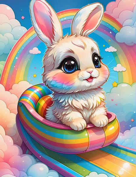 <lora:SDXLCutePets:1> cutepets, an adorable super cute  kawaii fluffy bunny, sliding down a rainbow slide,  high quality, digital art illustration, sticker art