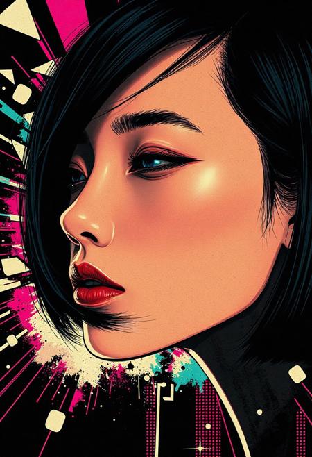 Rendered in bold, expressive pop-art style with abstract overlays, double exposures and halftone textures, this extreme close-up captures the profile of a young Japanese cyborg woman. Her ceramic faceplate is delicately crafted—porcelain-smooth with faint microfractures, seamlessly blending with patches of exposed synthetic muscle beneath the cheek and jaw. Her natural black hair cascades in a sharply cut bob, contrasting against the sleek, mechanized beauty of her face. Her averted gaze is framed by a dramatic stroke of matte obsidian eyeshadow and subtle circuitry beneath the skin, glowing faintly like embers. The background erupts into a hyper-stylized cyberspace collage: shattered LED panels, floating kanji code, and amorphous bursts of electric fuchsia and aquamarine. The mood is erotically charged yet eerily serene—a tribute to both sensual human elegance and futuristic design, evoking a blend of Roy Lichtenstein’s pop aesthetic with cybernetic minimalism.