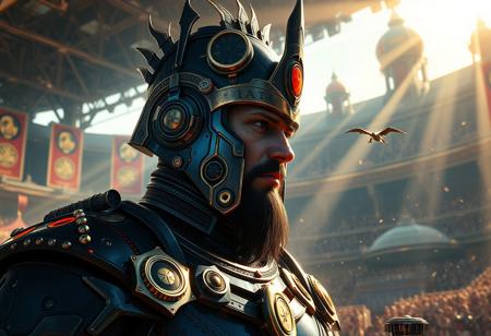 Create a highly detailed, hyperrealistic digital illustration of a clockpunk Battleguard King in an Amazoness Arena, inspired by the styles of Mark Brooks, Artgerm, Beeple, and Yoshitaka Amano. The King should be half-man, half-machine, with a focus on dark blue metal and intricate, lifelike details. Incorporate a portrait of He-Man and connect the King to heart machines, utilizing a golden ratio composition. Render the scene in 8K with volumetric lighting, sunbeams, and particles, using Octane render and Daz Genesis Iray. Ensure the image is in a portrait orientation and includes micro details and textures. Use Tetsuo from Akira as a reference for the King's design.