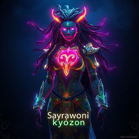 ansitions with the ethereal grace of the bioluminescent translucent fungus, Moss, and seaweed she embodies. Her body is adorned with a set of intricately crafted Bioluminescent translucent Virgo alexandrite colors zodiac armor, which casts a mesmerizing glow that outlines her form. The Virgo sign, prominent on her chest plate, pulses in vibrant neon colors, symbolizing her deep connection with the cosmos and the wisdom it holds. Her hair looks like Bioluminescent translucent roots, vines, fruit-steams, and wood Dreadlocks. Floating above her in majestic neon letters is her name, "Saraswati," illuminating the scene with an otherworldly presence. At the bottom of the picture, the word "kyōzon" is inscribed in neon colors, a subtle nod to the Japanese term for "hallucination," hinting at the surreal and fantastical nature of her existence. Her character sheet, displayed with 50 distinct and realistic fungi-based superpowers, adds a layer of depth and intrigue to her mystical aura. moody backdrop, contrasting with the vivid neon elements and emphasizing her as the focal point of the composition. The visual symphony of colors, textures, and forms come together to create a captivating portrayal of a powerful being that is both of this world and beyond it.