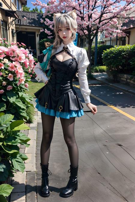 <lora:Lynette:0.7>,((realistic, photorealistic)), Lynette_genshin,((1girl)), cowboy shot,(close-up),grey hair, cat ears, black short dress, (white long sleeves), black pantyhose, black boots, cleavage,full body,((standing)),outdoors, castle, streets, green plants, flowers,