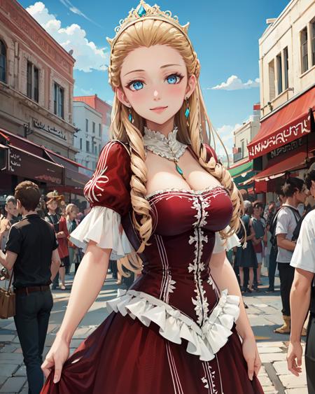 best quality, (masterpiece:1.2), illustration, absurdres,
(1girl), (solo), (beautiful detailed girl),  cowboy shot,,
<lora:Priscilla-07:0.8>, Priscilla Reise Arnor, long hair, braid, blonde hair, blue eyes, medium breasts,
tiara, crown, jewelry, earrings,
red dress, ornate dress, gown, frills, 
looking at viewer, gentle smile,
desert city, middle east, middle eastern terrain, middle eastern architecture, cloudless sky, sun, day, cobblestone street, market stalls, bazaar, (crowd:1.2), middle eastern market,