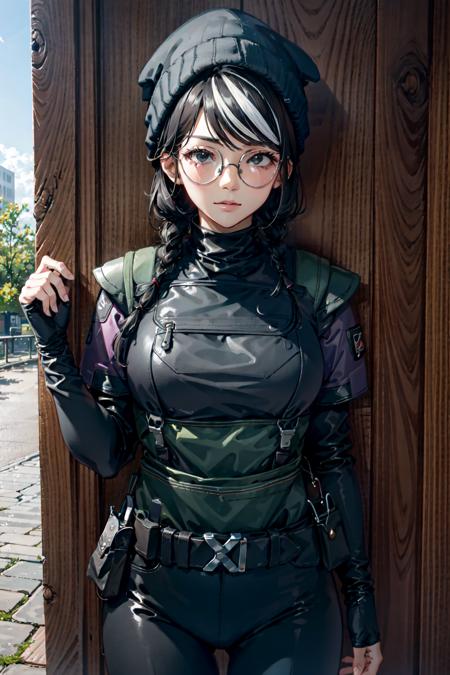 masterpiece, high quality cg, anime, illustration, best quality, 1girl, bound, bondage, beautiful face, detailed face, cowboy shot, dokkaebi, 1girl, solo, looking at viewer,  black hair, braid, glasses, black gloves, belt, pants, black eyes, twin braids, streaked hair, black headwear, bodysuit, black pants, round eyewear, black bodysuit, beanie, hair behind ear, <lora:Dokkaebi:0.9>