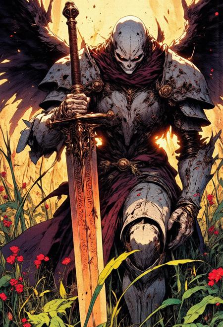 menacing dark fantasy angelic female, standing mockingly in the heart of a vast, lush green meadow, the grass whispering around her armored feet, surrounded by towering, dark crimson and burgundy flowers with velvety petals, their unnatural size and shadowed beauty exuding quiet menace, one hand casually resting on the weathered hilt of a titanic corroded blade, the massive sword scarred from countless ancient battles, mysterious inscriptions glowing faintly in broken burnt crimson and faded beige hues, oversized angular crossguard, wearing heavy skeletal armor forged from dull, corroded bone-white and rust-red metal, shaped like a monstrous death’s head, jagged breastplate plunging deeply to emphasize her voluptuous figure, glimpses of smooth pale skin flickering with fractured crimson light, long, wild dark hair spilling over reddened, rust-streaked pauldrons, face completely hidden behind an ancient, battered iron mask with cracked edges and faded ochre engravings, the hollow eye slits leaking dull blood-red and dusty peach light, a pair of tattered, rust-colored angel wings arching high behind her back, the feathers tangled with curling vines and petals, a warm golden sun hanging low over the horizon, casting long amber shadows across the meadow, fireflies drifting lazily through the air like embers, the flowers subtly shifting in an unseen wind, bold dynamic manga-style strokes,