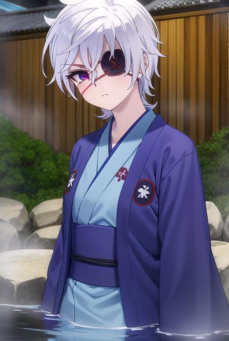 oboro shintou, (purple eyes:1.1), white hair, (eyepatch:1.5), japanese clothes, kimono, blue kimono, haori,