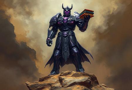 A Drill Warrior stands on a House of Sand with sleek, purple armor, embodying doomsday in a detailed, full-shot illustration. The dark knight's strong walls are enhanced with a dark washed tint and led color, holding a stack of books. The art, inspired by Beksinski, Dan Mumford, Hajime Sorayama, and others, features a dark, detailed background with intricate, hyper-realistic details. This digital painting, trending on ArtStation and CG Society, boasts porcelain skin and 8k resolution, aiming for an HD, award-winning concept art piece.