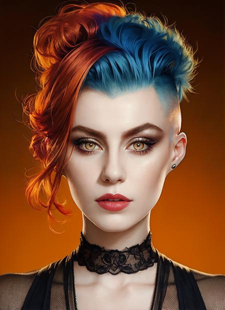 portrait of sks woman by Flora Borsi, style by Flora Borsi, bold, bright colours, orange Mohawk haircut, ((Flora Borsi)), <lora:locon_cbg_v1_from_v1_64_32:1>