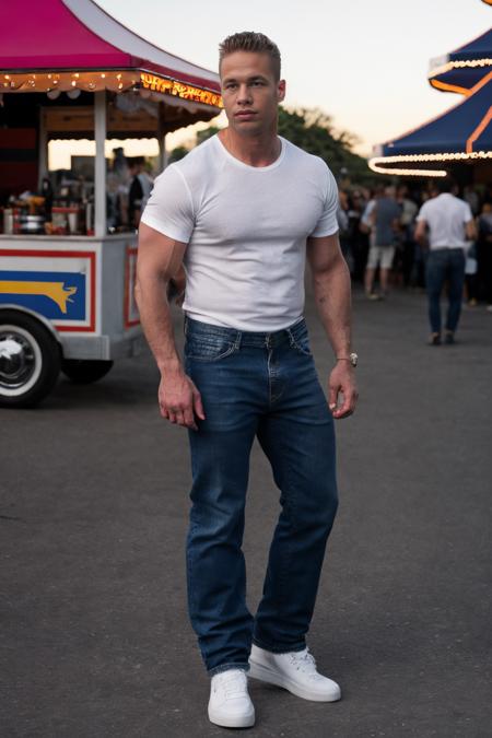 RAW Photo, full body shot photo of man matthew_rush posing in shirt and blue jeans and white sneakers standing at a carnival  during the day <lora:matthew_rush-03:1>, 8k uhd, dslr, soft lighting, high quality, film grain, Fujifilm XT3*