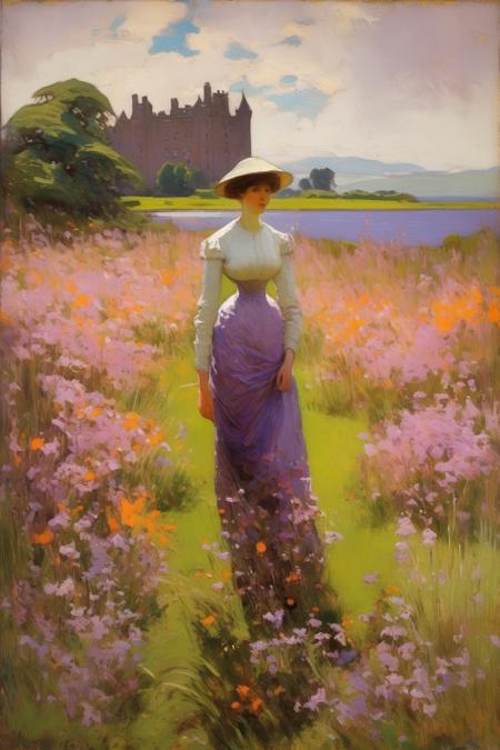 <lora:William Langson Lathrop Style:1>William Langson Lathrop Style - 101579.William Langson Lathrop.A woman walking through wildflowers in the Isle of Arran's Brodick Castle Gardens is the subject of this captivating painting. The composition features her leisurely stroll through a verdant meadow adorned with bog asphodel, marsh orchids, and wood cranesbill in a harmonious mix of oranges, purples, and soft blues. The scene is set against the backdrop of the historic Brodick Castle and its lush, manicured gardens, creating a sense of depth and history. A gentle breeze rustles the wildflowers and the woman's flowing dress, evoking the timeless draw of Scotland's wildflower-filled meadows and stately castles.