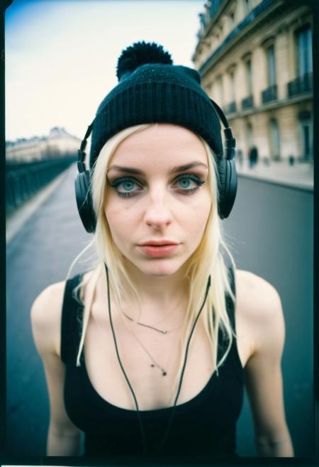 goth girl,winter hat, headphones,tanktop,(beautiful face,exquisite face,skin texture:1.2), (ultra-wide angle:1.3),   pale skin, (masterpiece,best quality,ultra high res:1.2),(photo-realistic:1.3),paris, day, mood, polaroid color 600 instant film, faded, blurry, motion blur, ((grainy))
